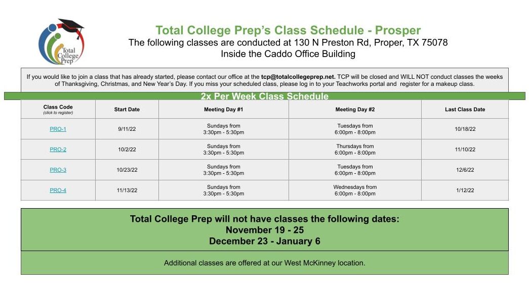 TCP 2022 Fall Class Schedule -- PROSPER (including Dec dates)