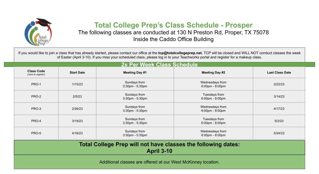 Prosper Class schedule for Total College Prep January 2023 - May 2023